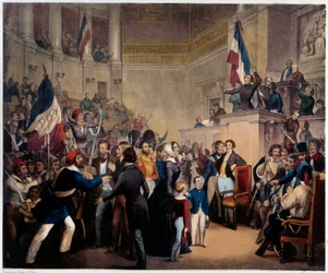 Revolution von 1848. Die Herzogin von Orleans erscheint in der Abgeordnetenkammer (Nationalversammlung) mit ihren Kindern, um die Regentschaft zu erlangen (24. Februar).