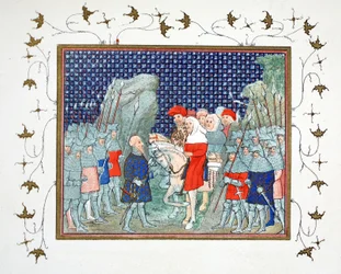 Richard II. wird in Penmaur Rhos verraten und vom Herzog von Northumberland gefangen genommen, Faksimile-Kopie aus Le Prinse et Mort du Roy Richart von Jean Creton, nachgedruckt im 19. Jahrhundert