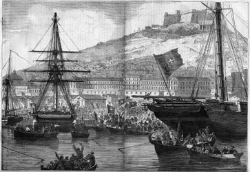 Risorgimento, Neapel, 21. Oktober 1860: Abstimmung der Marine über den Anschluss der Stadt an das Königreich Italien. Gravur in „Le Monde Illustré“ Nr. 186 vom 3. November 1860