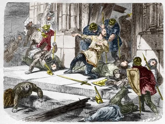 Robert der Starke, Herzog von Frankreich, während der Schlacht von Brissarthe, 866. Gravur in "Histoire De France En Cent Paintings" von Paul Lehugeur, 1891