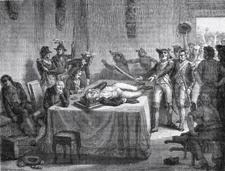 Robespierre wartet auf die Hinrichtung, nachdem er sich 1794 in den Kiefer geschossen hat