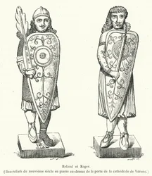 Roland und Roger, Basreliefs aus dem neunten Jahrhundert aus Stein über der Tür der Kathedrale von Verona (Stich)