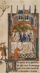 König Arthurs Festmahl, König Arthur und Guinevere bei einem Bankett, mit einem Diener, der vor dem Tisch kniet und Brot schneidet, aus 
