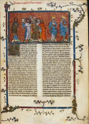 Royal 16 G. VI, f.3 Die Krönung Pharamunds, Illustration aus den „Chroniques de France“, um 1332