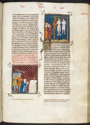 Royal MS 16 G. VI, f.306r, Mord an Charles, Graf von Flandern gehängt (Louis VI, Buch 20), aus Les Grandes Chroniques de France