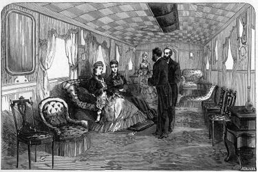 Russischer Kaiserzug, genutzt vom Herzog und der Herzogin von Edinburgh 1874: der Salonwagen. Gravur in „Le Monde Illustré“ Nr. 886 vom 6. April 1874