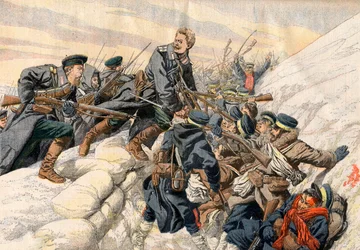 Russisch-Japanischer Krieg - Kämpfe in den Schützengräben bei Port Arthur, Russisch-Japanischer Krieg. Der heldenhafte Tod des russischen Leutnants Alexander - In den Schützengräben von Port Arthur. Heldentod des russischen Leutnants Alexander. Illustratio
