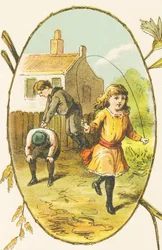 Suzanne hat Spaß beim Seilspringen, während ihre Brüder Sylvestre und Simon Saute-Mouton spielen