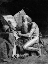 Heiliger Hieronymus in der Wüste. Gravur nach dem Gemälde von Georges Sauvage (Auguste Albert Georges Sauvage dit). Gravur in „Le Monde Illustré“ Nr. 1196 vom 28. Februar