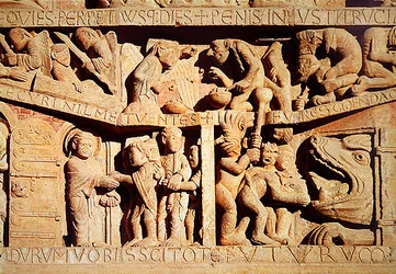 Der heilige Petrus empfängt die Gesegneten im Himmel und die Verdammten fallen in die Hölle, Detail aus dem Jüngsten Gericht am Westportal Tympanon, ca. 1135