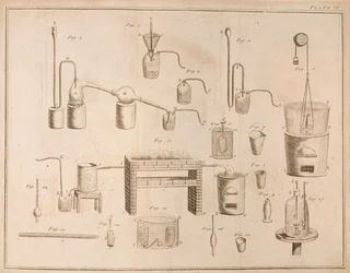 Wissenschaftliche Ausrüstung, aus Die Elemente der Chemie von Antoine Laurent de Lavoisier (1743-94), graviert von D. Lizars, 1796