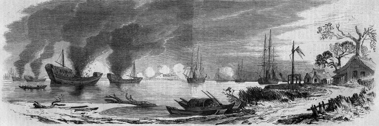 Zweiter Opiumkrieg zwischen Frankreich und England und China (1858-1860): Mit Brandmaterial beladene chinesische Dschunken wurden gegen die englische und französische Flotte geschickt. China