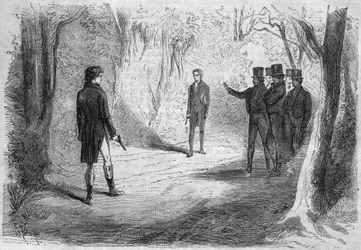 Romanserie: "Reich und Arm" von Emile Souvestre (1806-1854). Das Duell von Boissard und Larry. Gravur in "Les bons romances"