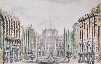 Bühnenbild eines Palastes für ein Theater, ca. 1660-80 (Feder und Aquarell auf Papier)