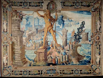 Sieben Weltwunder: der Koloss von Rhodos (Statue des Helios). Wandteppich hergestellt von der Werkstatt der Gobelins. 17. Jahrhundert Paris, Musée des Gobelins