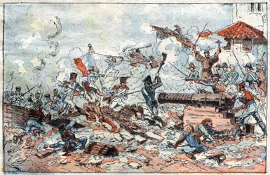 Belagerung und Eroberung von Saragossa (Zaragoza) in Spanien im Februar 1809 durch die napoleonischen Truppen. Gravur des 19. Jahrhunderts