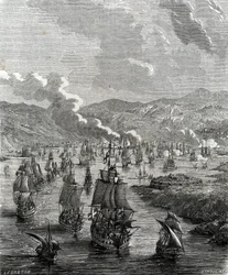 Belagerung von Toulon fand zwischen dem 29. Juli und 21. August 1707 während des Spanischen Erbfolgekriegs statt, als eine alliierte Land- und Seestreitmacht die französische Marinebasis in Toulon belagerte (Gravur)