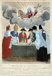 Unterzeichnung des Konkordats von 1801 am 15.07.1801: Es wird zwischen der französischen Regierung (hier vertreten durch Joseph Bonaparte) und dem Heiligen Stuhl (vertreten durch Kardinal Consalvi für Papst Pius VII.) unterzeichnet. 1801 Paris, Musée Carna