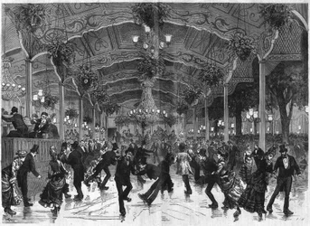 Rollschuhbahn im Bullier. Tanzbahn im Bal Bullier in Paris. Gravur in „Das Illustrierte Universum“