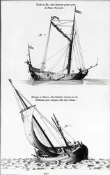Skizze von Booten: eine Yacht und eine Hourque, ein kleines Boot, das von den Niederländern erfunden wurde, um die Kanäle zu befahren