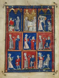 Joseph von Arimathäa bittet um den Leib Christi, Joseph und eine Frau mit Leichentüchern und die Kreuzabnahme, darunter zwei Frauen, die einem Arzt eine erkrankte Brust zeigen, und vier Männer mit verschiedenen Genitalerkrankungen