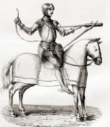 Soldat zu Pferd mit einer Handbombarde, spätes 14. und frühes 15. Jahrhundert, nach einer Zeichnung aus dem Manuskript von Marianus Jacobus, aus Les Merveilles de la Science, veröffentlicht um 1870 (Gravur)