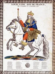 Lied zu Ehren des Königs von Frankreich Louis XVIII, illustriert durch ein Reiterporträt des Königs (Gravur)