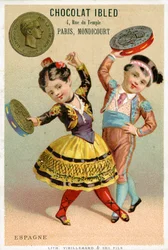 Spanische Kinder tanzen mit Tamburinen aus Peseten, aus einer Serie von Werbekarten über Währungen verschiedener Länder, in Paris von Vieillemard für Chocolat Ibled herausgegeben, 1886-95