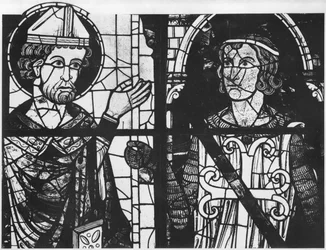 St. Denis übergibt das Oriflamme an den Ritter Clement (Marschall von Metz), Detail, Südrose Verherrlichung unseres Herrn Jesus Christus