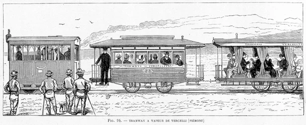 Dampfstraßenbahn von Vercelli (Piemont) - in „Die neuen Eroberungen der Wissenschaft“ von Louis Figuier