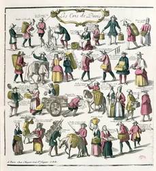 Straßenverkäufer in Paris, spätes 17. Jahrhundert (Farbstich)