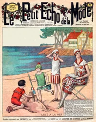 Sommer am Meer, Frau mit ihren drei Kindern am Strand