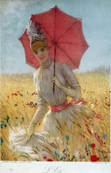 Sommer: junge Frau mit einem Regenschirm in einem Weizenfeld - Zeichnung, Ende 19. Jahrhundert