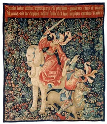 Wandteppich, der Mille-fleurs und Nächstenliebe darstellt, die Neid überwinden (Wolle und Seide)