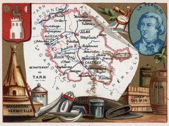 Tarn, Midi-Pyrénées, Frankreich. Makkaroni und Vermicelli, Anis, Kerzen, Bettwäsche, Pastell und Wein. Porträt von Jean François de Galaup, Graf von La Pérouse (1741-?), Marineoffizier. Serie über die französischen Departements. Chromolithographie, ca. 192