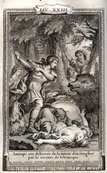 Telemachus befreit Antiope von einem Wildschwein - Gravur von 1798 von Monnet in Les Aventures de Telemaque, fils d