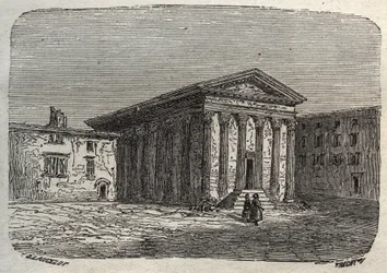Tempel des Augustus und der Livia in Wien, im französischen Departement Isère (römischer Tempel) - Gravur in 