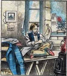 Textil, Leinen. Nähgarn in Stränge geschnitten. Gravur. Epinal-Bildgebung Ende des 19. Jahrhunderts.