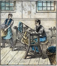 Textil, Leinen: Werkstatt. Der Nähfaden wird auf Karten oder Rollen in einem Ballen ausgelegt. Gravur. Epinal-Bild Ende des 19. Jahrhunderts.