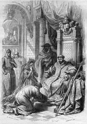 Der Erzbischof Saint Dunstan zwang König Edwy von England (941-959) zur Scheidung. Gravur in „Die Geschichte der Prostitution und Ausschweifung unter allen Völkern der Welt von der Antike bis zur Gegenwart“ von Dr. Th. -F. Debray. 1879