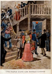 Die Verhaftung von Prostituierten in Pariser Hotels (Pension) - Eine Razzia in den gefüllten Hotels - in „Le Petit Journal“ vom 04.08.1895 (Gravur)