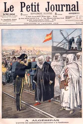 Die Ankunft der marokkanischen Botschafter, darunter Sidi-Mohammed Torres, auf der Algeciras-Konferenz, aus „Le Petit Journal“, Januar 1906 - internationale Konferenz europäischer Mächte und der Vereinigten Staaten zur Erörterung der Beziehungen