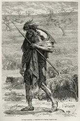 Der australische Schäfer, graviert nach einer Zeichnung von D. Maillart zur Illustration der Geschichte „Sechs Monate in Australien“ von Désiré Charnay, einer Mission des Ministeriums für öffentliche Bildung, im Jahr 1878, veröffentlicht in Le Tour du mond