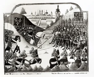 Die Schlacht von Fromigny, 14. April 1450, ms Fr 2691 fol. 183, aus Chronique de Charles VII von Jean Chartier