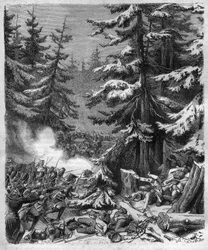 Die Schlacht von Hohenlinden (bei München, Deutschland) am 12. Frimaire, IX (3. Dezember 1800) zwischen den französischen Truppen von General Jean Victor (Jean-Victor) Moreau und den österreichischen und bayerischen Truppen unter dem Kommando von Erzherzog