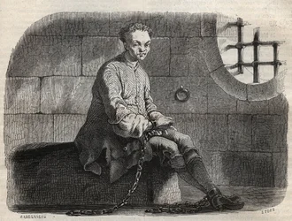 Der Brigant Louis Dominique Garthausen genannt Cartridge (1693-1721) im Gefängnis - Gravur in „Causes celebres de tous les peuples“ von Armand Fouquier (1817-18?) 1858-1867 - private Sammlung