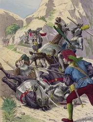 Der Chevalier de Bayard verteidigt allein die Brücke von Garigliano, Italien, gegen die Spanier