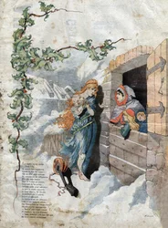 Die Grille und die Ameise. Fabeln von Jean de La Fontaine. Illustration von Michelet SC. Ende des 19. Jahrhunderts.