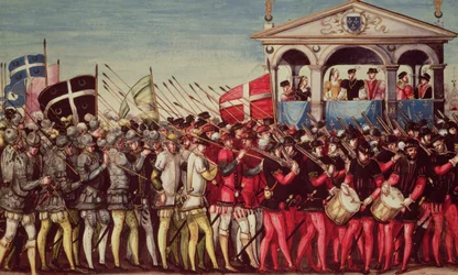 Der Zug von Trommlern und Soldaten beim königlichen Einzugsfest von Henri II. (1519-59) in Rouen, 1. Oktober 1550