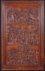 Das Credo, Tafel II: Abnahme vom Kreuz, Grablegung, Auferstehung und Abstieg in die Unterwelt und Himmelfahrt, 1587 (Holz)